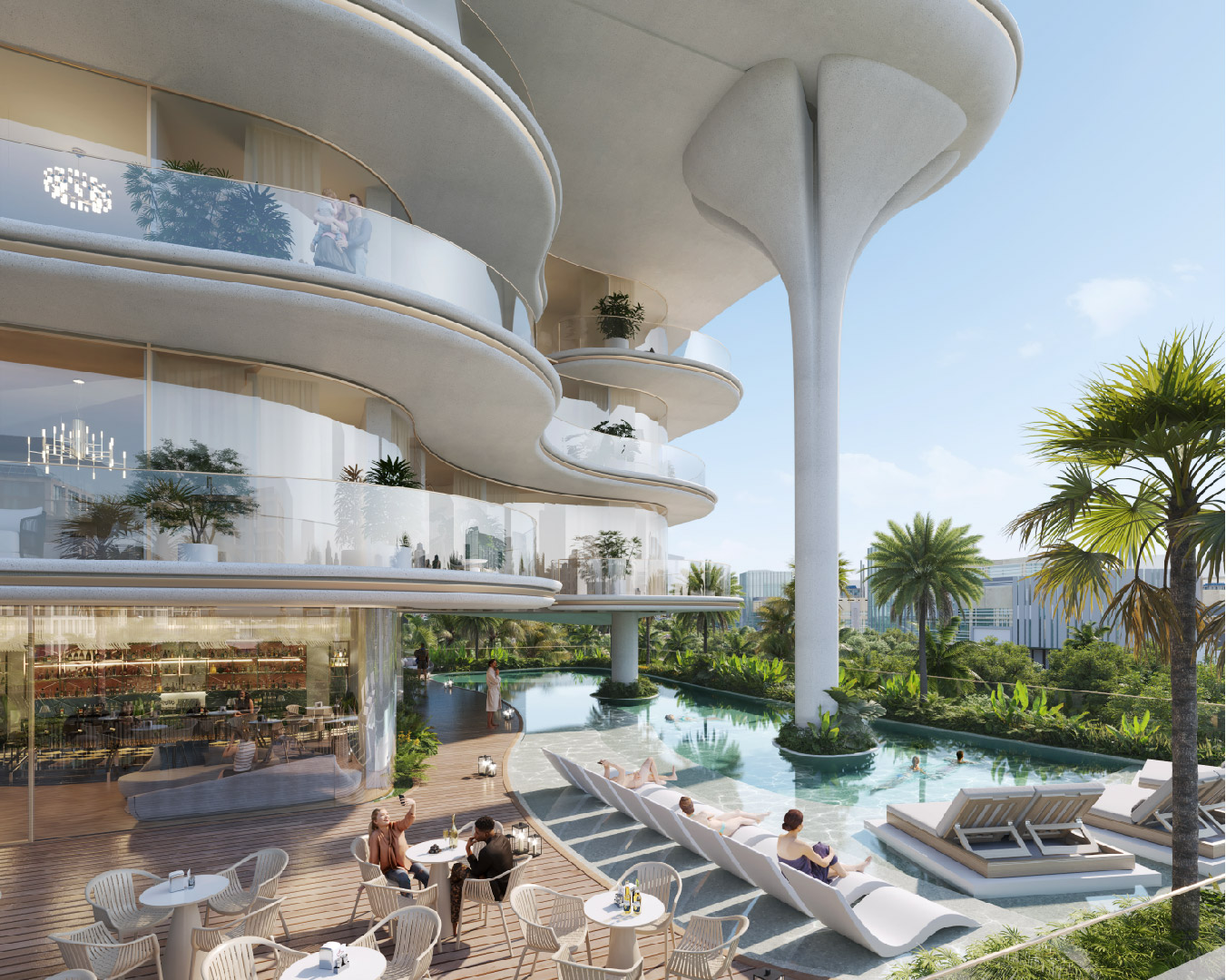 Beach Walk Iii By Imtiaz Modern architectural building with curved balconies, a pool area, and lush greenery, showcasing outdoor relaxation spaces.
